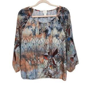 Chicos Floral Top 3/4 Sleeve Elastic Hem Keyhole Neck Forest Fairy Peasant Boho